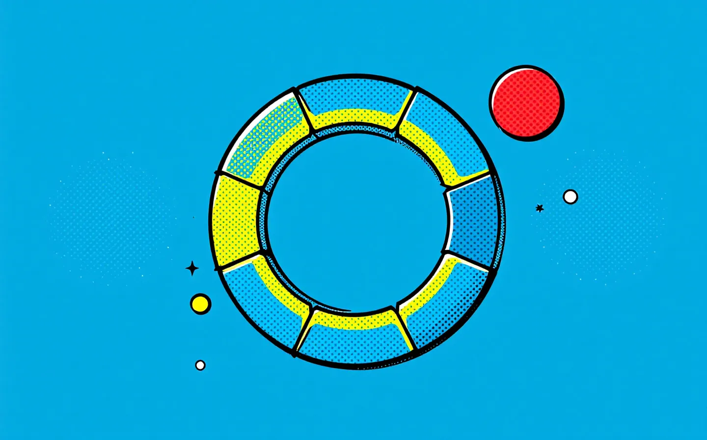 A bold Pop Art comic panel of an abstract seven-bead cyclic peptide ring in blue, yellow and red with Ben-Day dots on a deep comic-ink ground